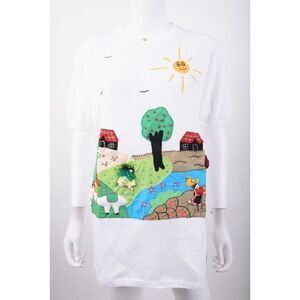 La Vicuna Peru Womens StichWork Shirt Top L White Village scene Head Band